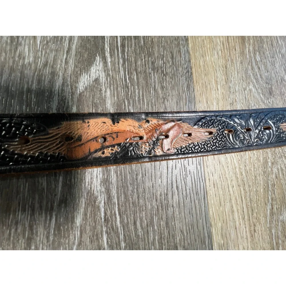 Vintage Eagle Embossed Leather Belt Mens 36 Black Brown Western Tooled 6270-89